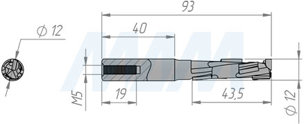 Размеры фрезы алмазной D=12мм, B=43мм, L=85мм, S=12мм, b=2,5мм, Z=1+1, RH (артикул D124312R)