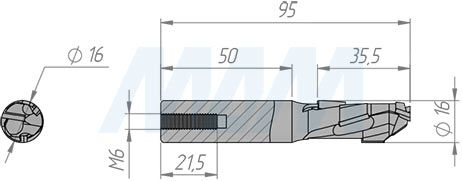 Размеры фрезы алмазной D=16мм, B=34мм, L=85мм, S=16мм, b=2,5мм, Z=1+1, RH (артикул D202520R)