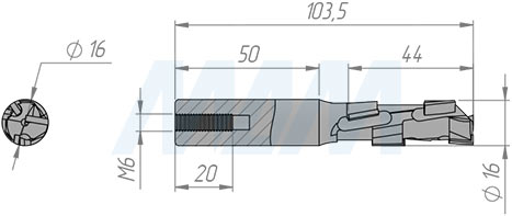 Размеры фрезы алмазной D=16мм, B=43мм, L=85мм, S=16мм, b=2,5мм, Z=1+1, RH (артикул D202520R)
