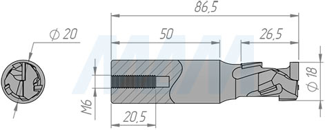 Размеры фрезы алмазной D=18мм, B=25мм, b=2,5мм, S=20мм, Z=1+1, RH (артикул D182520R)