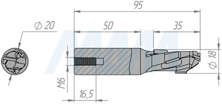 Размеры фрезы алмазной D=18мм, B=34мм, b=2,5мм, S=20мм, Z=1+1, RH (артикул D183420R)