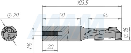 Размеры фрезы алмазной D=18мм, B=43мм, L=85мм, S=20мм, b=2,5мм, Z=1+1, RH (артикул D184320R)