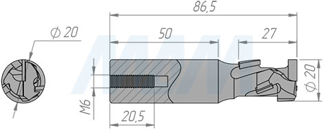 Размеры фрезы алмазной D=20мм, B=25мм, L=85мм, S=20мм, b=2,5мм, Z=1+1, RH (артикул D202520R)