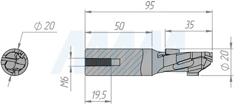 Размеры фрезы алмазной D=20мм, B=34мм, L=85мм, S=20мм, b=2,5мм, Z=1+1, RH (артикул D203420R)