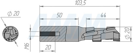 Размеры фрезы алмазной D=20мм, B=43мм, L=85мм, S=20мм, b=2,5мм, Z=1+1, RH (артикул D204320R)