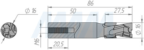 Размеры фрезы алмазной DC4 D=16мм, B=25мм, L=85мм, S=16мм, b=2,5мм, Z=2+2, RH (артикул DC4162516R)