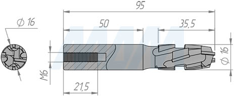 Размеры фрезы алмазной DC4 D=16мм, B=34мм, L=95мм, S=16мм, b=2,5мм, Z=2+2, RH (артикул DC4163416R)