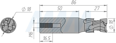 Размеры фрезы алмазной DC4 D=18мм, B=25мм, L=95мм, S=20мм, b=2,5мм, Z=2+2, RH (артикул DC4182520R)