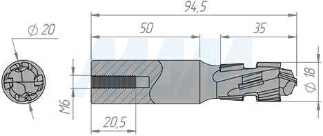 Размеры фрезы алмазной DC4 D=18мм, B=34мм, L=105мм, S=20мм, b=2,5мм, Z=2+2, RH (артикул DC4183420R)