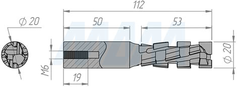 Размеры фрезы алмазной DC4 D=20мм, B=52мм, L=85мм, S=20мм, b=2,5мм, Z=2+2, RH (артикул DC4205220R)