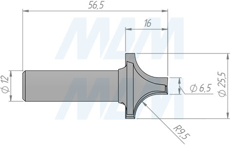 Размеры радиусной фрезы правой HW R=9,5 мм, D=25,4 мм, B=16 мм, L=54 мм,  Z=2 (артикул E113.254.R)