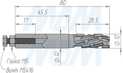 Размеры алмазной концевой фрезы Nesting D=12мм, B=28мм, L=80мм, S=12мм, Z3+3 (артикул E610009037)
