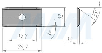 Размеры сменной твердосплавной пластины двухсторонней 24,7x12x1,5мм 35° с фаской FK07 (артикул F2471215-04)