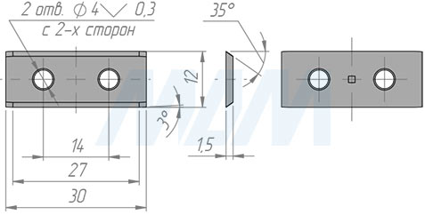 Размеры сменной твердосплавной пластины двухсторонней 30x12x1,5мм 35° с фаской FK08 (артикул F301215-58)