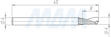 Размеры спиральной твердосплавной фрезы D4xL8, S4xGL45, Z1, Up/Rh чистовой (артикул KF-111-04-08-4-alu)