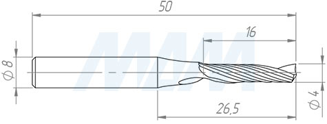 Размеры спиральной твердосплавной фрезы D4xL16, S6xGL50, Z1, Up/Rh чистовой (артикул KF-111-04-16-6-pl)