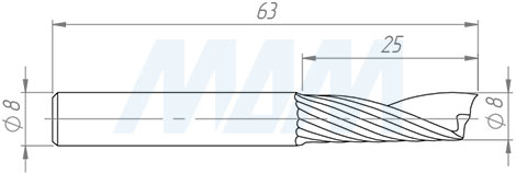 Размеры спиральной твердосплавной фрезы D8xL25, S8xGL63, Z1, Up/Rh чистовой (артикул KF-111-08-25-8-alu)