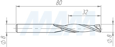 Размеры спиральной твердосплавной D8xL32, S8xGL80, Z2, Up/Rh, чистовой (артикул KF-111-08-32-8-alu)