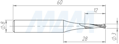 Размеры спиральной твердосплавной D3xL12, S8xGL50, Z2, Up/Rh, чистовой (артикул KF-112-03-12-8)