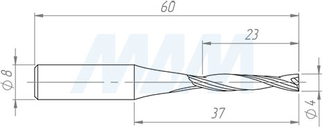 Размеры спиральной твердосплавной фрезы D4xL23, S8xGL60, Z2, Up/Rh чистовой (артикул KF-112-04-23-8)