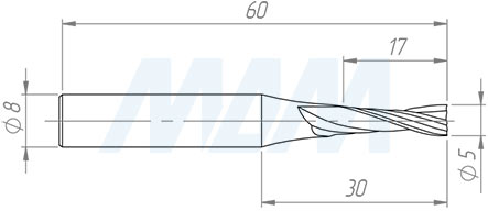 Размеры спиральной твердосплавной фрезы D5xL17, S8xGL60, Z2, Up/Rh чистовой (артикул KF-112-05-17-8)