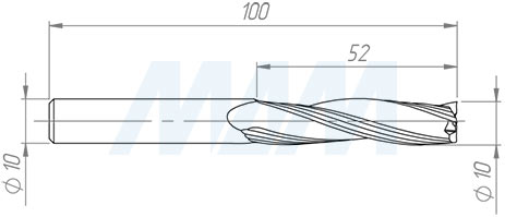 Размеры спиральной твердосплавной фрезы D10xL52, S10xGL100, Z3, Up/Rh чистовой (артикул KF-113-10-52-10)