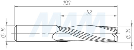Размеры спиральной твердосплавной фрезы D16xL52, S16xGL100, Z3, Up/Rh чистовой (артикул KF-113-16-52-16)