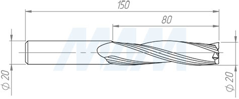 Размеры спиральной твердосплавной фрезы D20xL80, S20xGL150, Z3, Up/Rh чистовой (артикул KF-113-20-80-20)
