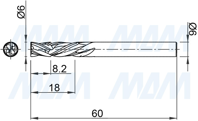 Размеры фрезы спиральной твердосплавной D6xL18, S6xGL60, Z4+4, Up/Down/Rh, компрессионной (по HPL) (артикул KF-314-06-18-6-hpl)