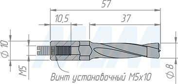 Размеры глухого сверла, D=8мм, L=57,5мм, B=30мм, вращение правое (артикул L103.080.R)