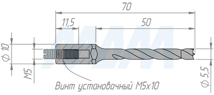 Размеры глухого сверла D=5,5мм, L=70мм, B=43мм, вращение правое (артикул L104.055.R)