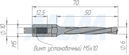 Размеры глухого сверла D=4мм, L=70мм, B=43мм, вращение правое (артикул L104.060.L)