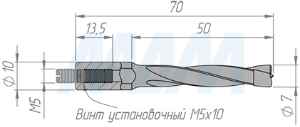 Размеры глухого сверла D=7мм, L=70мм, B=43мм, вращение правое (артикул L104.070.R)