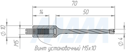 Размеры глухого сверла D=10мм, L=70мм, B=43мм, вращение левое (артикул L104.100.L)
