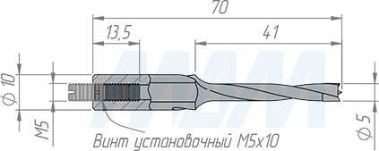 Размеры глухого сверла, D=5мм, L=70мм, B=35мм, вращение правое  (артикул L107.050.R)