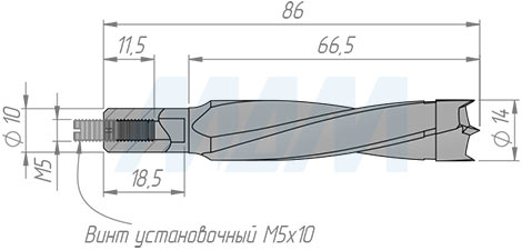Размеры глухого сверла D=14мм, L=85 мм, B=52мм, вращение левое (артикул L109.140.L)