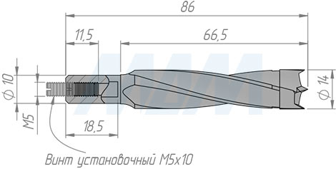Размеры глухого сверла  D=14мм, L=85 мм, B=52мм, вращение правое (артикул L109.140.R)