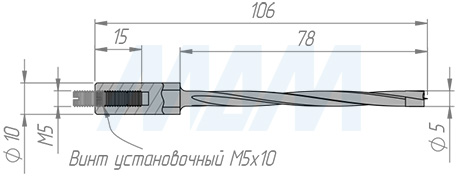Размеры глухого сверла, RH, D=5мм, L=105мм, B=70мм, вращение правое (артикул L110.050.R)