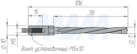 Размеры глухого сверла, LH, D=7 мм, L=105 мм, B=65 мм, вращение левое (артикул L110.070.L)