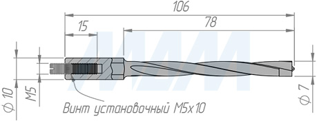 Размеры глухого сверла, RH, D=7мм, L=105мм, B=70мм, вращение правое (артикул L110.070.R)