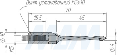 Размеры сквозного сверла, D=4мм, L=70мм, B=37мм, вращение правое (артикул L124.040.R)