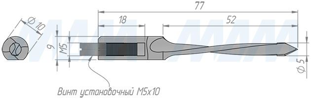 Размеры сквозного сверла, D=5мм, L=77мм, B=45мм, вращение левое (артикул L125.050.L)