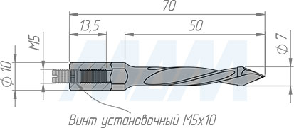 Размеры сквозного сверла, D=7мм, L=70мм, B=44мм, вращение левое (артикул L127.070.L)