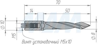 Размеры сквозного сверла,  D=8мм, L=70мм, B=44мм, вращение правое (артикул L127.080.R)