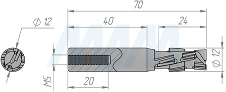 Размеры фрезы алмазной 8H для нестинга D=12мм, B=24мм, L=70мм, S=12мм, Z=2+2, RH (артикул PWCH81224R)