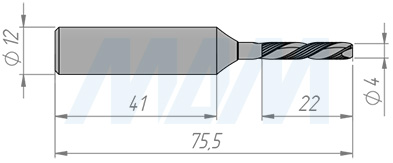 Размеры фрезы прямой для фрезерования и раскроя ЛДСП/МДФ D=4, H=22, S=12, Z=2+2 (артикул TC422S12Z2)