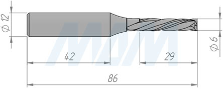 Размеры прямой фрезы для фрезерования и раскроя ЛДСП/МДФ D=6, H=28, S=12, Z=2+2 (артикул TC628S12Z2)