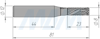 Размеры фрезы прямой для фрезерования и раскроя ЛДСП/МДФ D=8, H=22, S=12, Z=2+2 (артикул TC822S12Z2)