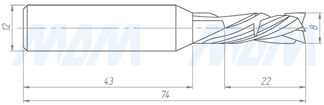 Размеры фрезы прямой для фрезерования и раскроя ЛДСП/МДФ D=8, H=22, S=12, Z=3+3 (артикул TC822S12Z3)