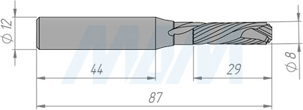Размеры фрезы прямой для фрезерования и раскроя ЛДСП/МДФ D=8, H=28, S=12, Z=2+2 (артикул TC828S12Z2)